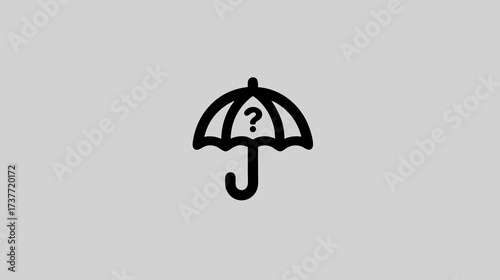 Uncertainty concept icon: Black umbrella with question mark, representing risk, protection dilemma, query, or weather unpredictability.