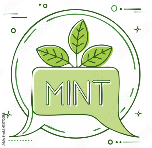 Hand drawn mint leaves in a green speech bubble icon for fresh ideas and communication concept