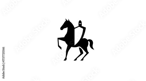 Stylized black silhouette of a medieval knight on a rearing horse with a shield, symbolizing strength, courage, and chivalry on white background.