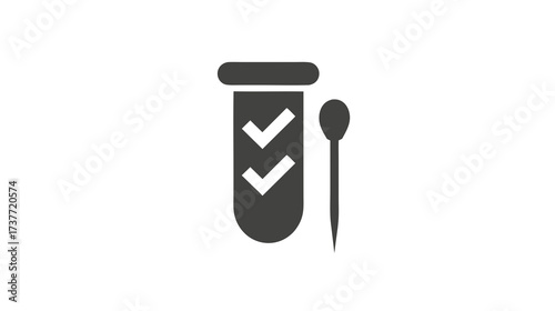 Medical test tube icon with two checkmarks and a swab, symbolizing successful lab results and completed scientific analysis