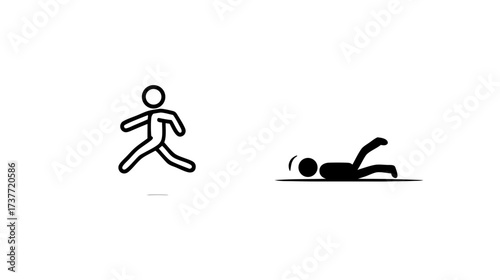 Black stick figure icons: one running, one fallen. Illustrates concepts of effort, challenge, failure, risk, and setback in progress.