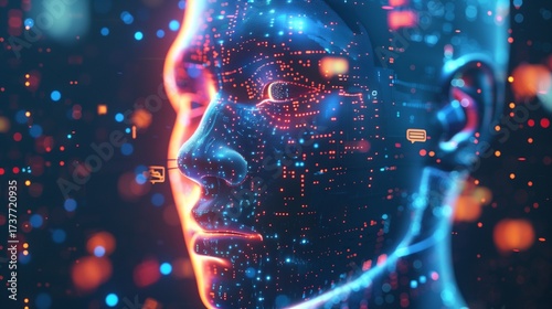 Futuristic glowing humanoid AI face made of polygons and circuits, floating speech bubbles around, tech concept art.