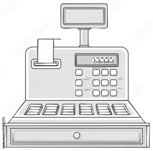 Illustration of a classic cash register with buttons drawer and display screen