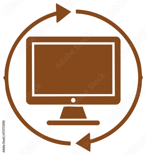 Desktop computer monitor with circular refresh arrow icon representing system update and data synchronization
