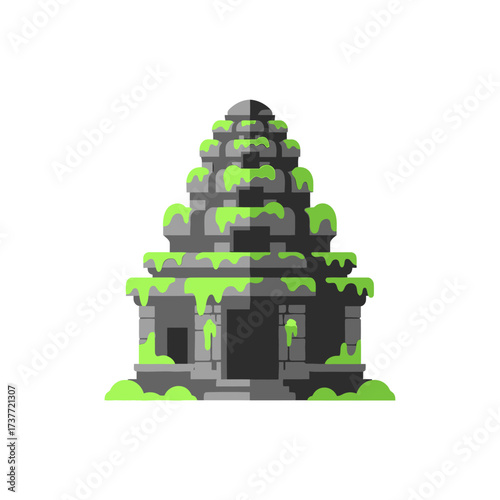 Ancient Stone Temple with Moss, Vector Illustration.