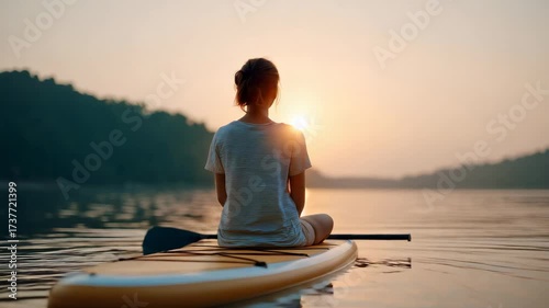 Young woman enjoys a moment of peace, meditating on a paddle board as the sun sets over a tranquil lake, surrounded by the beauty of nature
