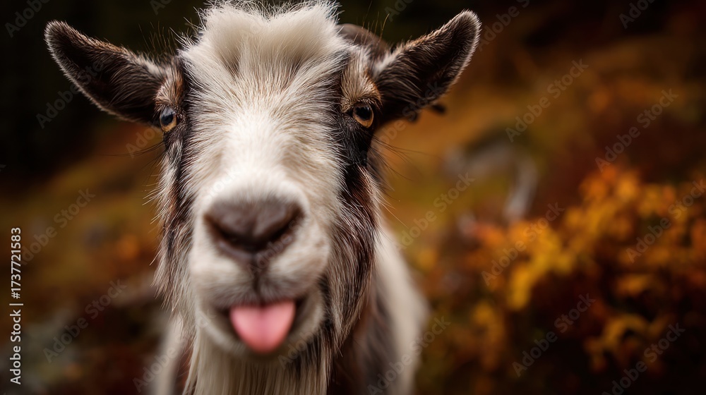 Obraz premium Close-Up of a Playful Goat Sticking Out Its Tongue Surrounded by Colorful Autumn Foliage in a Natural Setting