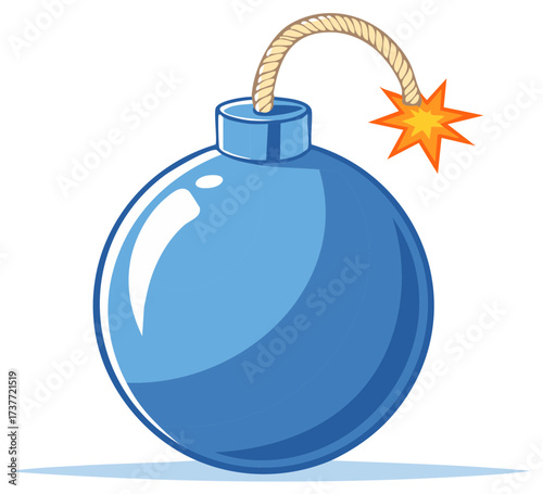 Round blue cartoon bomb with a lit burning fuse about to explode
