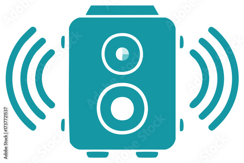 Sound waves eminating from a teal audio loudspeaker illustration, digital audio equipment with volume and speaker, media sound speaker icon