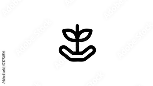 Black outline icon of a plant sprout growing in a hand, representing nature, growth, care, environment, and sustainability