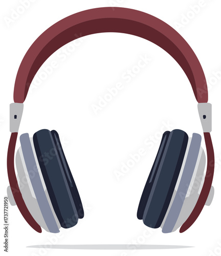 Burgundy and gray over-ear headphones, musical listening equipment, multimedia accessory and personal audio device for sound.