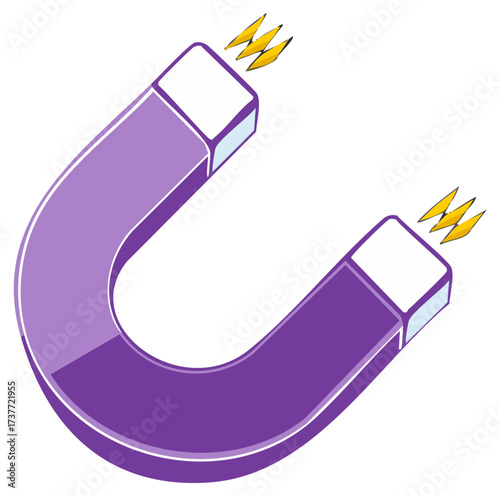 Vibrant Purple Horseshoe Magnet with Electromagnetic Sparks, Symbol of Attraction and Power, Isolated on White