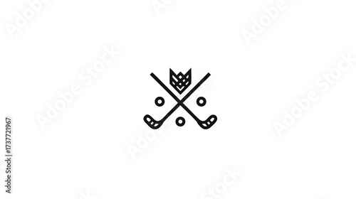 Stylish minimalist black and white line art emblem featuring crossed hockey sticks, pucks, and a decorative crown, perfect for sports design