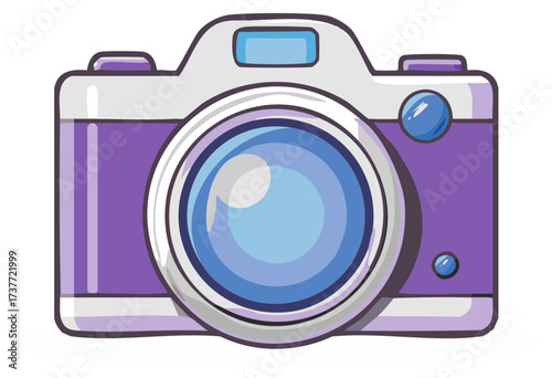 Charming cartoon camera with a large blue lens and purple body against a white background