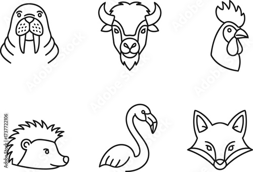 Exotic Wildlife Heads Line Art Vector Icons - Simple Outline Set
