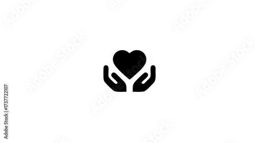 Black vector icon of hands holding a heart, symbolizing charity, care, love, giving, support, community, and health. Simple graphic element.