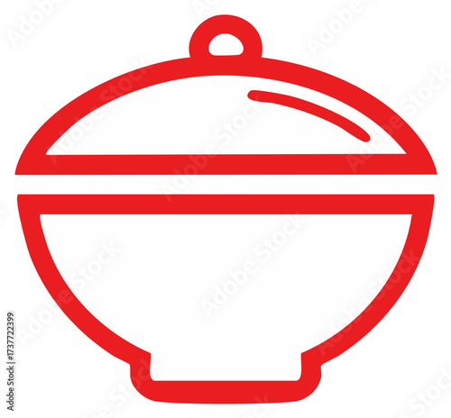 Minimalist red outline graphic of a covered food bowl for cooking and serving