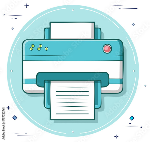 Office printer machine printing a paper document cartoon vector illustration