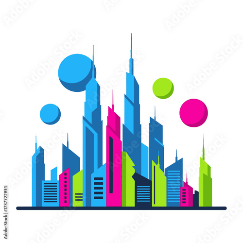 Colorful Cityscape Illustration with Modern Buildings and Abstract Elements.