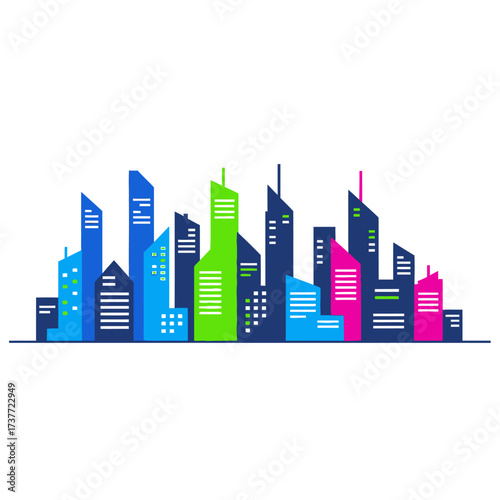 Colorful Cityscape Silhouette with Modern Buildings and Skyscrapers.
