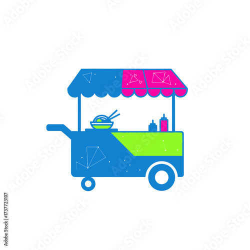 Colorful Street Food Cart Illustration with Noodles and Condiments.
