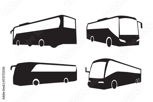 Set of modern tour bus silhouettes in black. Collection of contemporary coach bus icons perfect for travel, transport, or vehicle design concepts.