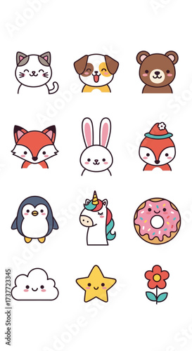 Wallpaper Mural Cute Cartoon Animal and Object Collection - Cat, Dog, Bear, Fox, Rabbit, Penguin, Unicorn, Donut, Cloud, Star, Flower. Torontodigital.ca