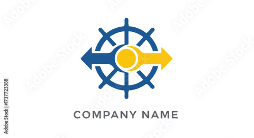 A flat vector abstract transport logo with a ship steering wheel combined with directional arrows