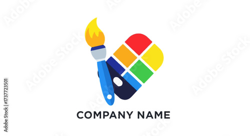 A flat vector abstract creative logo with a paint brush and color palette combined