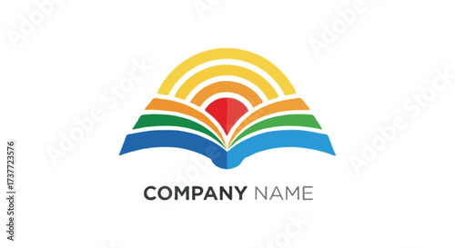 A flat vector abstract education logo with an open book and rising sun design