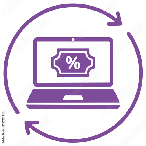 Online discount icon Laptop computer showing percentage sign rotating arrows