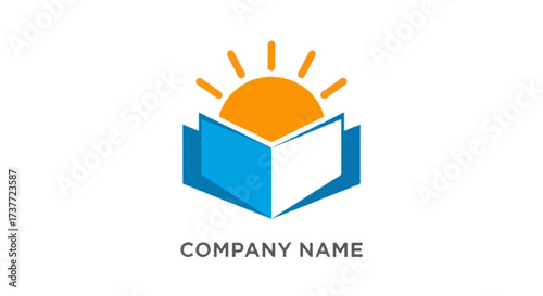 A flat vector abstract education logo with an open book and rising sun design