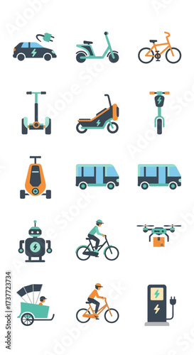 Diverse Transportation Icons - Electric Vehicles, Bikes, and More.