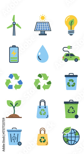 Eco-Friendly Icons - Renewable Energy, Recycling, and Sustainable Living.