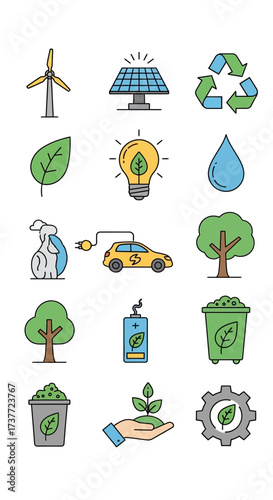 Eco-Friendly Icons - Renewable Energy, Recycling, and Sustainable Living.