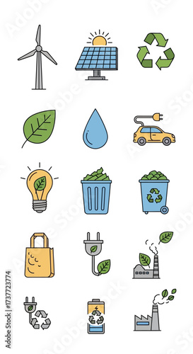 Ecological Icons Set - Renewable Energy, Recycling, and Sustainable Living.