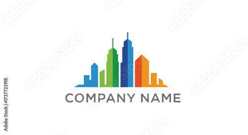 A flat vector abstract real estate logo with a simple city skyline silhouette