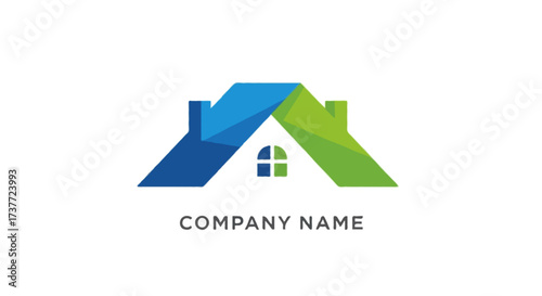 A flat vector abstract real estate logo with a minimalist house roof and window