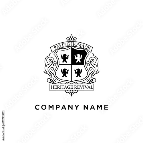 Elegant Heritage Revival Logo with Heraldic Shield and Symbolic Figures.