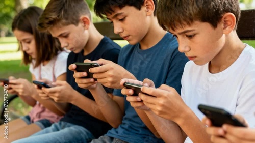 Group of preteen friends absorbed in mobile gaming on a park bench in summer, outdoor screen time and digital entertainment illustrating youth technology use and social bonding