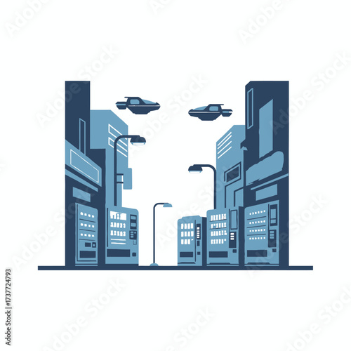Futuristic Cityscape with Flying Vehicles and Vending Machines Pixel Art.