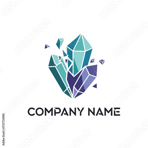 Geometric Crystal Formation Logo Design with Faceted Gemstones and Company Name.