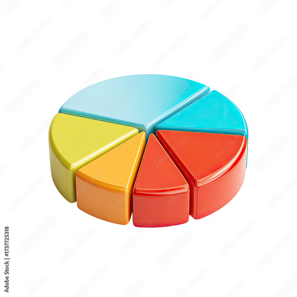 Obraz premium A vibrant 3D pie chart segmented into five colorful sections light blue, teal, yellow, orange, and red. Each section is distinct and visually appealing