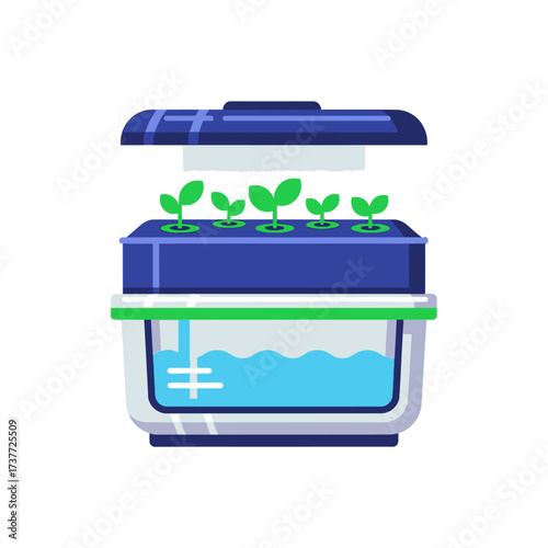 Hydroponic Growing System with Seedlings and Water Reservoir.