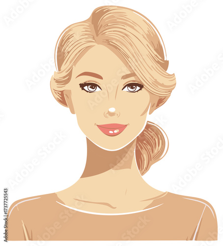 Illustrated portrait of a beautiful smiling blonde woman with an elegant updo hairstyle