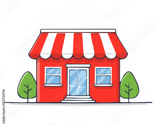 Small red storefront with striped awning and green trees charming cartoon illustration
