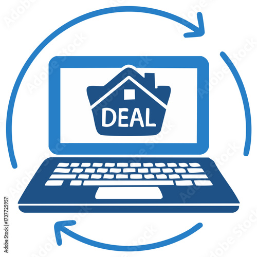 Online real estate deal concept Laptop with a house icon and 'DEAL' text surrounded by arrows.