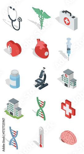 Isometric Medical Icons - Stethoscope, Caduceus, First Aid, Heart, Syringe, Pills, Microscope, Hospital, DNA, Thermometer, Brain.