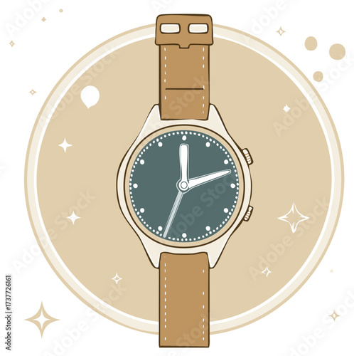 Stylish wrist watch illustration, modern time piece with leather strap in a circle.