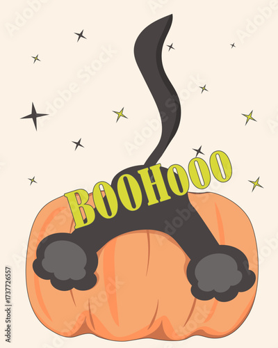 A black cat sleeping on a pumpkin. A cat lying bottom-first on a pumpkin with a caption. Hand-drawn image suitable for a card, poster, coloring book, or sticker.